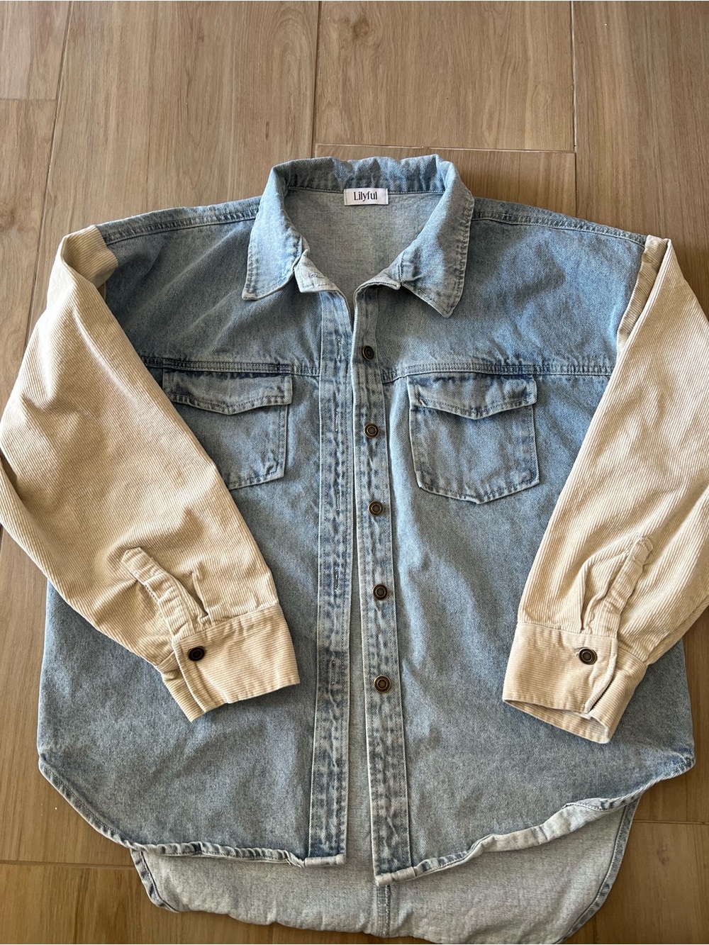 Lilyful Two-Tone Light Wash Denim Jacket with Cream Sleeves